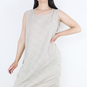 Vintage 90&#39;s beige floral embroidered tank dress, Action Wear USA, sleeveless, midi, knee length, shift, straight, minimalist, casual, rayon