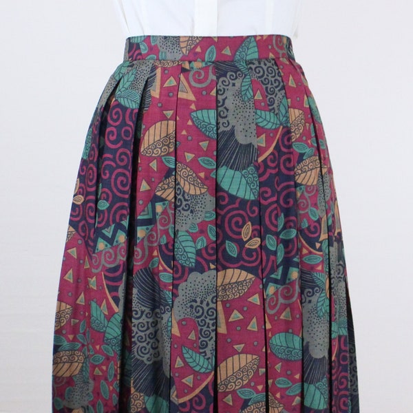 Vintage 80's 26W silk knife pleat maxi skirt, unique abstract geometric floral print, dark muted red green black yellow, union made, preppy