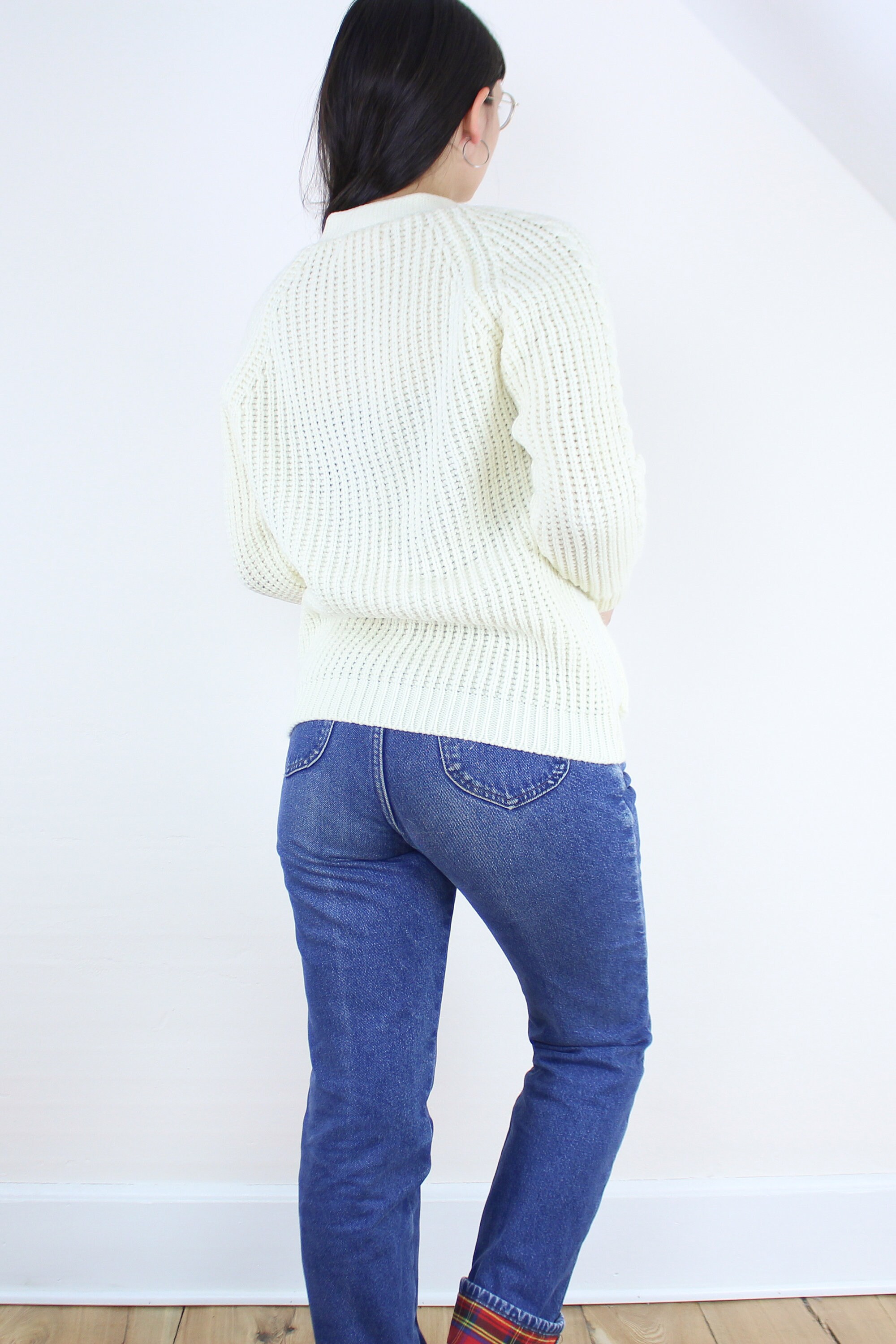Vintage 70's Acrylic Knit Cardigan, Sweater, Cream, V-neck