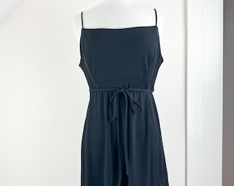 Vintage 90's/Y2K black tank maxi dress, high low layered look ruffle hem, waist tie, spaghetti strap, early 2000s, grunge goth moody dark