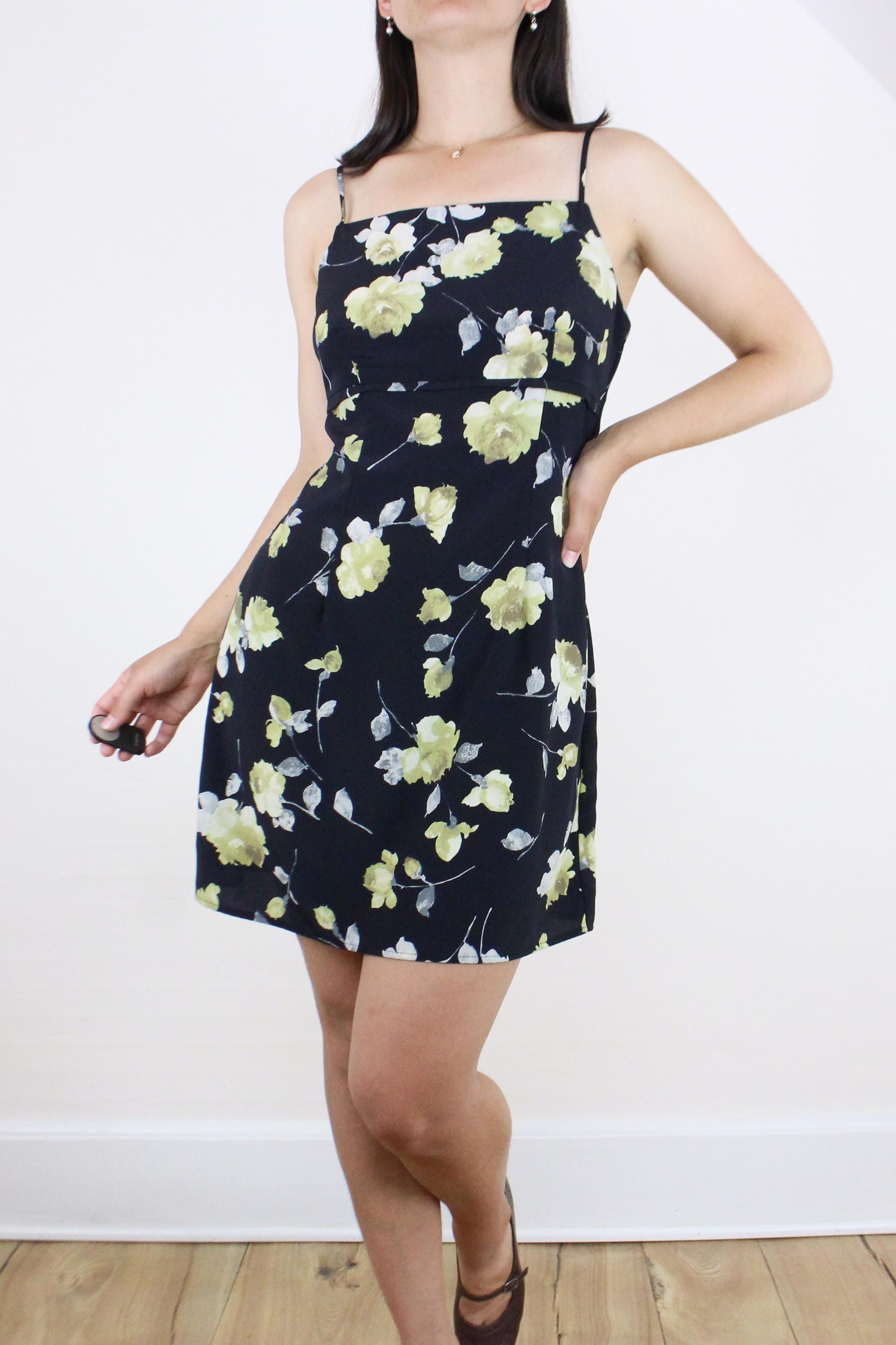 Vintage 90's Floral Mini Tank Dress, A-line, Black W/ Yellow