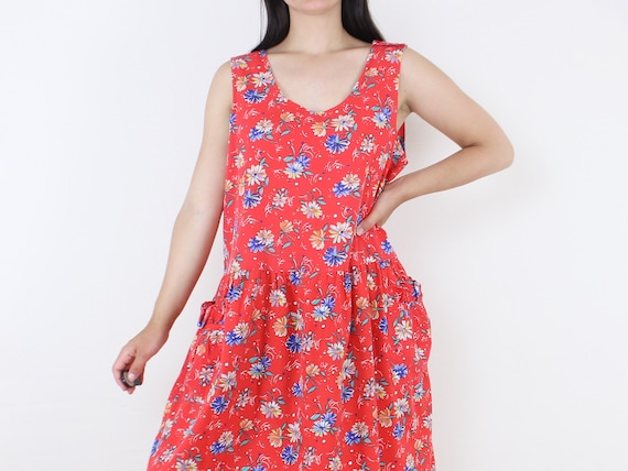 Vintage 80's red floral tank dress, bright red, b… - image 1