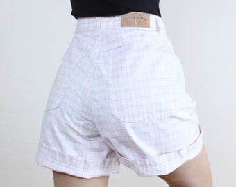 Vintage 90s 29W pink check Lee Riders shorts, pink and blue plaid, high waisted, high rise, mom shorts, perfect summer shorts, bermuda