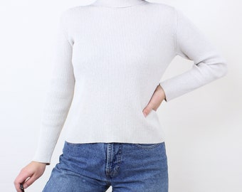 Vintage 90's oatmeal ribbed turtleneck top, rib knit, ecru, light beige, long sleeve, minimalist, casual, comfy, light academic