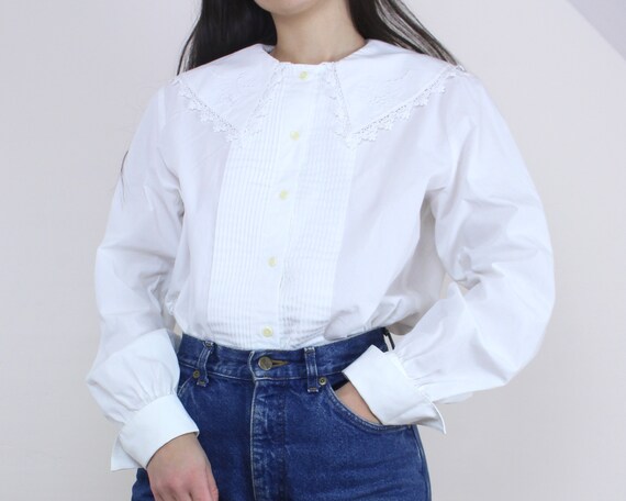 Vintage 80s double embroidered collar white 100/% viscose blouse