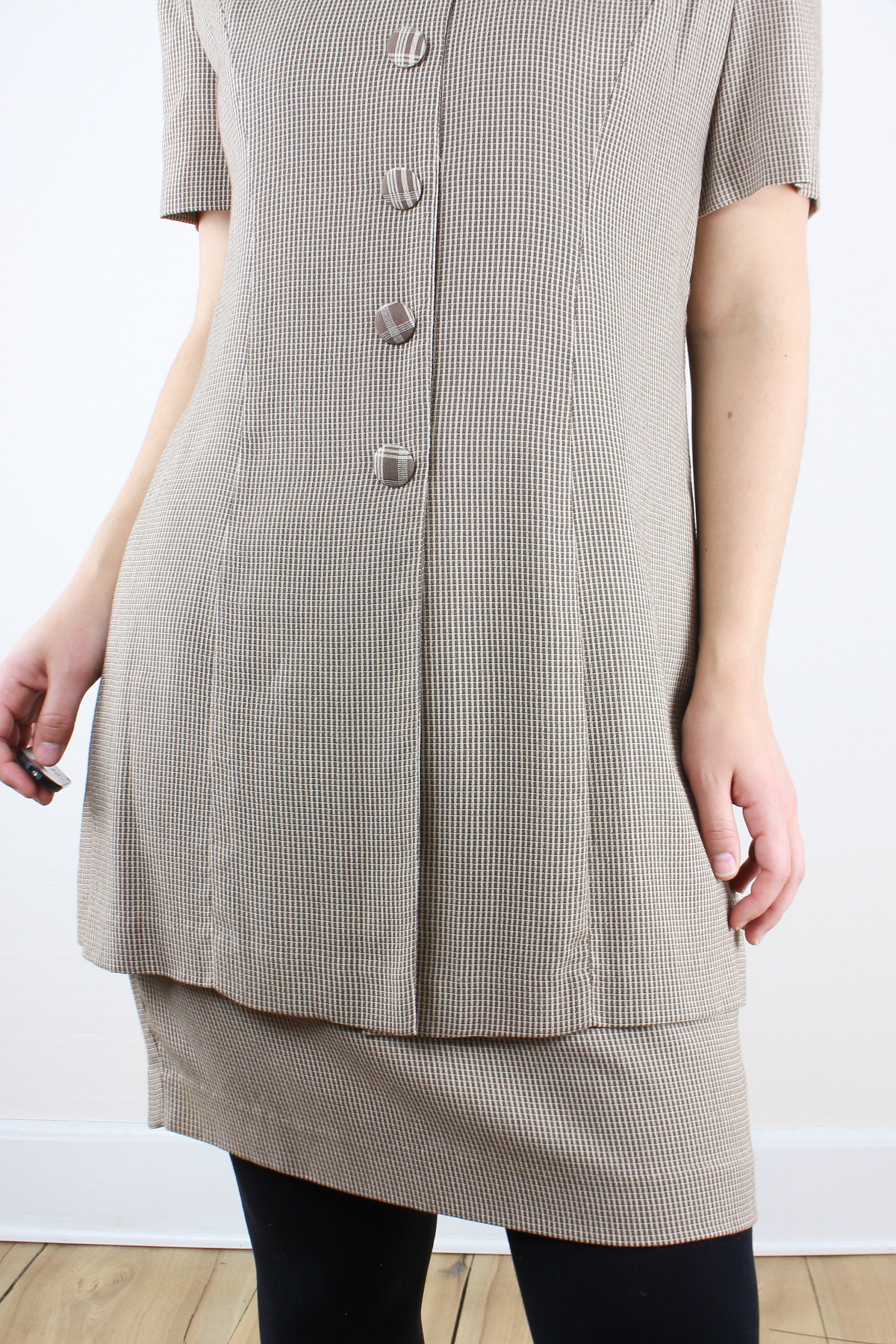 Vintage 90's Collared Mini Dress, Brown Cream Check, Plaid