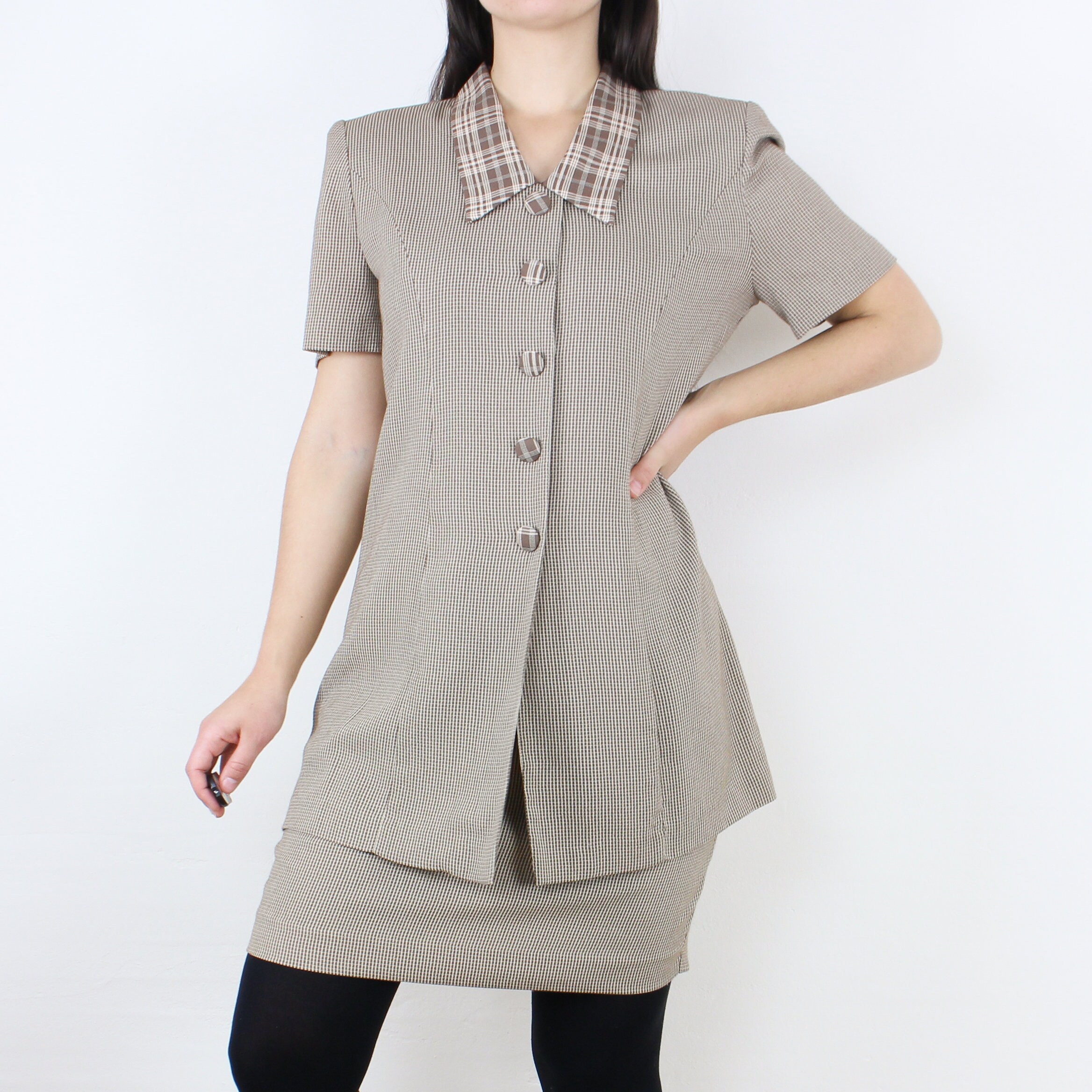 Vintage 90's Collared Mini Dress, Brown Cream Check, Plaid