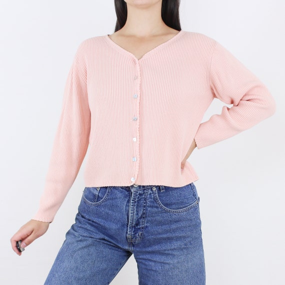 Vintage 90s pastel pink cardigan top, ribbed knit… - image 1