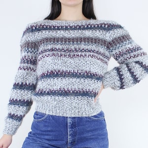 Vintage 70&#39;s/80&#39;s chunky knit sweater, pullover, Jean Nicole, grey maroon & blue, striped, acrylic, boat neck, puff sleeve, minimalist, mod