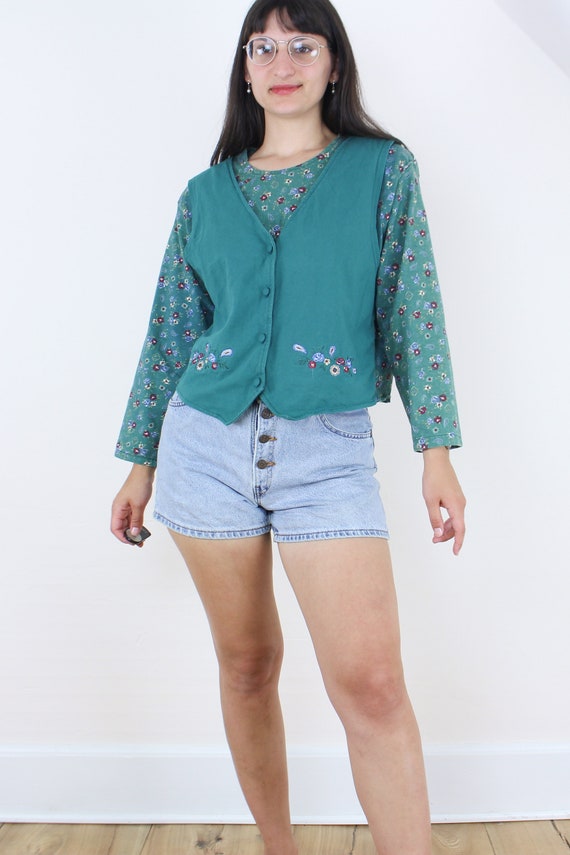 Vintage 90's green floral faux vest top, Capacity… - image 5