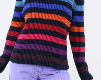 トップス [ItalyVintage]80s MultiColor Turtleneck Vintage 90's Rainbow Ribbed Turtleneck Sweater, Top