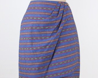 Vintage 90's 32W Bonjour wrap skirt, southwest stripe, asymmetric pleats, all cotton, mini, above knee, western, cowgirl