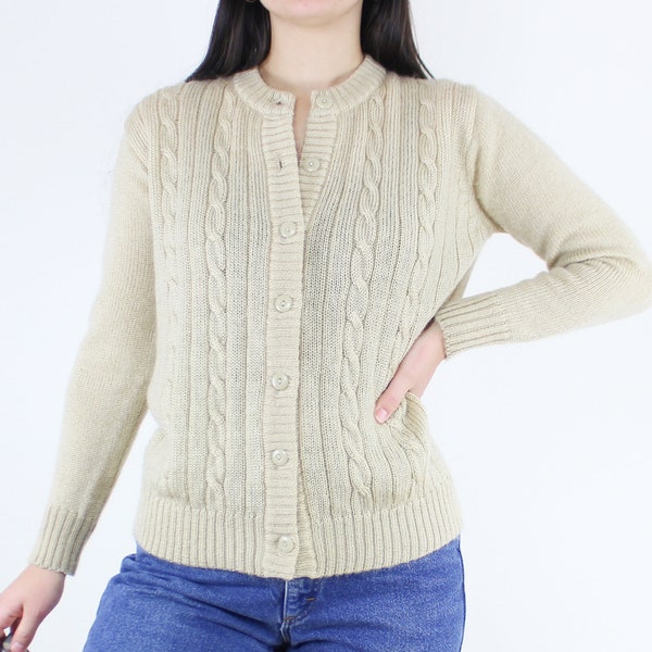 Vintage 70's acrylic knit cardigan, sweater, beige, crew neck, cable knit, long sleeve, button front, light academia, minimalist, casual