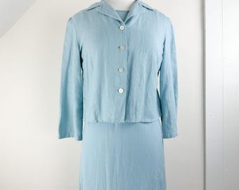 Vintage 90's linen rayon 2 piece set, Maggy London, robins egg blue, pastel, easter, spring summer, bias cut tank midi dress w/ crop jacket