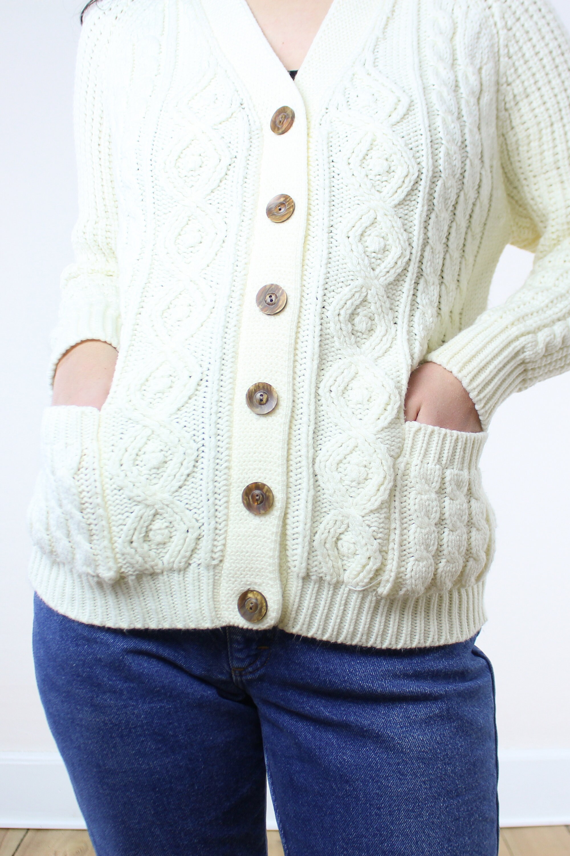 Vintage 70's Acrylic Knit Cardigan, Sweater, Cream, V-neck