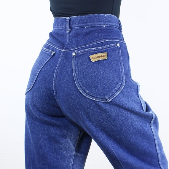 Vintage 80's 35W Gitano jeans, medium wash blue, stretch denim, high rise, tapered leg, 5-pocket, mom jean fit, casual, worn in, comfy