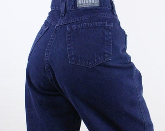Vintage 90's 36W Gitano jeans, dark wash blue denim, 5-pocket, high rise, tapered leg, mom jean fit, classic, casual, grunge