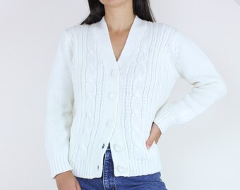 Vintage 60's/70's white knit cardigan, v neck, acrylic sweater, Miss Holly, light academic, cable knit front, minimalist, comfy