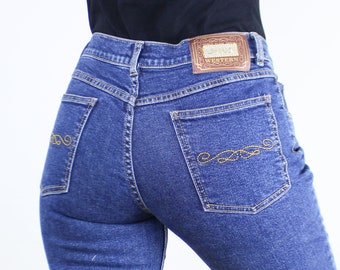 Vintage late 90s/Y2K 28W Lawman western jeans, mid rise, bootcut, flare leg, slim fit, stretch denim, med-dark wash, bling, rodeo, cowgirl