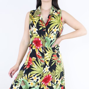 Vintage 90&#39;s tropical print maxi dress, black w/ bright floral, open back, halter look, button front, sleeveless, collared, jungle, XL 16/18