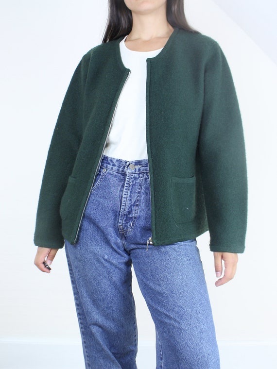 Vintage 90's forest green zip-front wool sweater,… - image 2