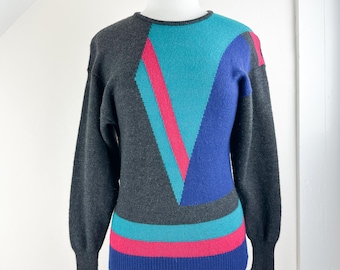Vintage 80's Dalton wool sweater, new wave, abstract, unique, colorblock, gray w/ dark blue teal and red, drop shoulder, knit pullover, fun