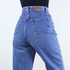 Vintage 90&#39;s 29W LLBean flannel lined jeans, medium wash blue denim, navy & white snowflake cotton flannel, high rise, tapered, mom fit