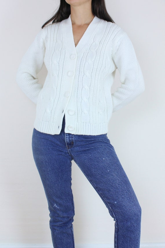 Vintage 60's/70's white knit cardigan, v neck, ac… - image 3