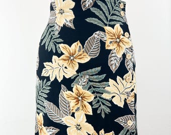 Vintage 90's 34-40W rayon floral midi skirt, black w/ neutral tropical hibiscus floral print, side button front, vacation, Hawaiian, summer
