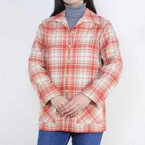 Vintage 70s wool orange plaid shacket, chore jacket, patch pockets, chore pockets, Young Pendleton, collared, button down, bright,