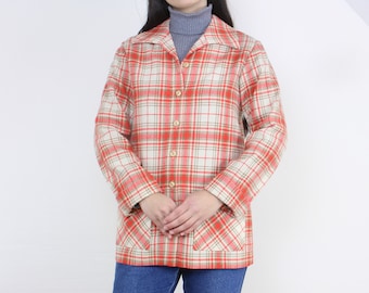 Vintage 70s wool orange plaid shacket, chore jacket, patch pockets, chore pockets, Young Pendleton, collared, button down, bright,