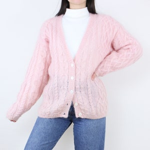 Vintage 80&#39;s pink mohair blend cardigan sweater, Cambridge Collection, cable knit, v-neck, shoulder pads, preppy, coquette aesthetic