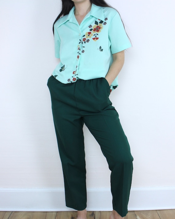 Vintage 70s sea-foam green floral top, polyester,… - image 4