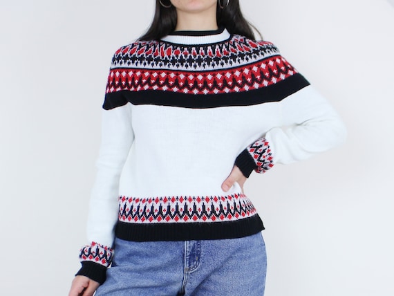Vintage 50s/60s fair isle knit sweater, turbo hi-… - image 1