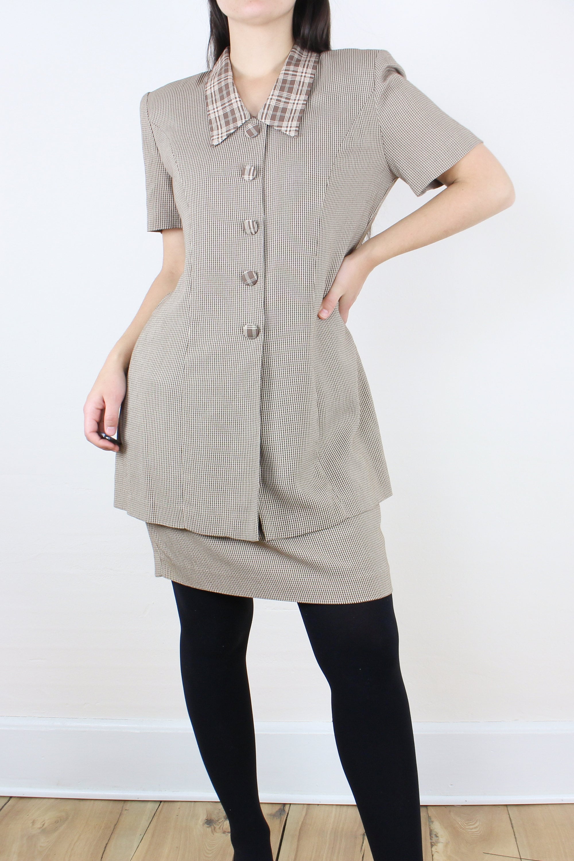 ★BADBLOOD★ AQUA Vintage Club Polo Mini Dress Check Brown Vintage 90's Collared Mini Dress, Brown Cream Check, Plaid