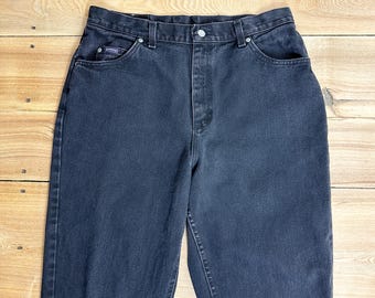 Vintage 90s 34W black Lee Riders jeans, 5-pocket, high rise tapered mom jean fit,detailed yoke, all cotton denim, casual, grunge
