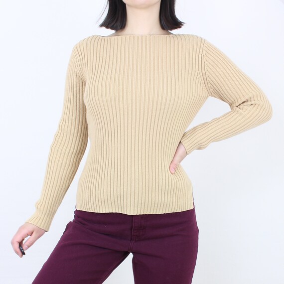 Vintage 90's tan ribbed sweater top, pullover, Ti… - image 1