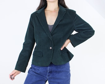 Vintage 70's/80's corduroy blazer jacket, dark forest green, cropped, lined, pockets, collared, double button closure, dark academic, fall