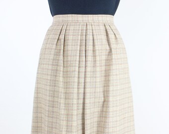 Vintage 80's 26W pastel plaid wool skirt, creamy yellow and brown, soft toned, fully lined, light academia, front pleats, Dalton