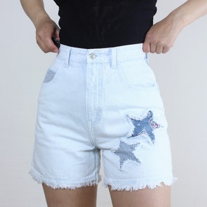 Vintage 90s 25W stars and stripes jean shorts, light wash denim, high rise, hot shorts, mom jean, perfect summer shorts, faux cut off, image 4