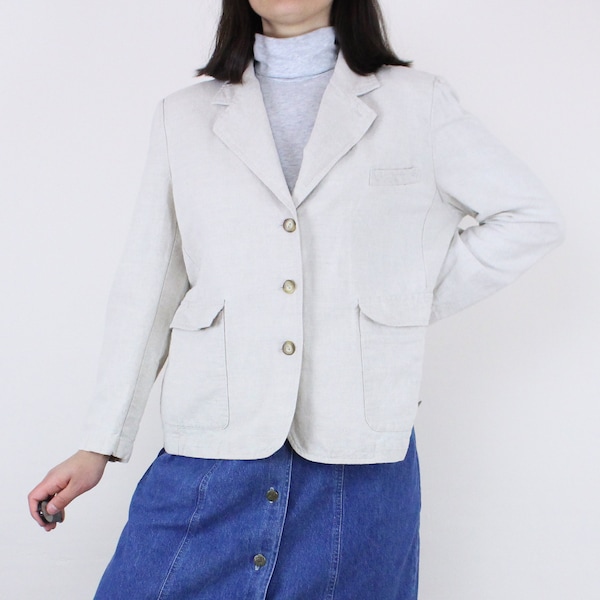 Vintage 90's LLBean neutral linen blazer, khaki/ecru, long sleeve, notched collar, button front, flap pockets, lined, minimalist, academic