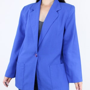 Vintage 90's blue blazer, muted royal blue, rayon poly blend, pockets, collared, single purple button closure, shoulder padding, lightweight image 4