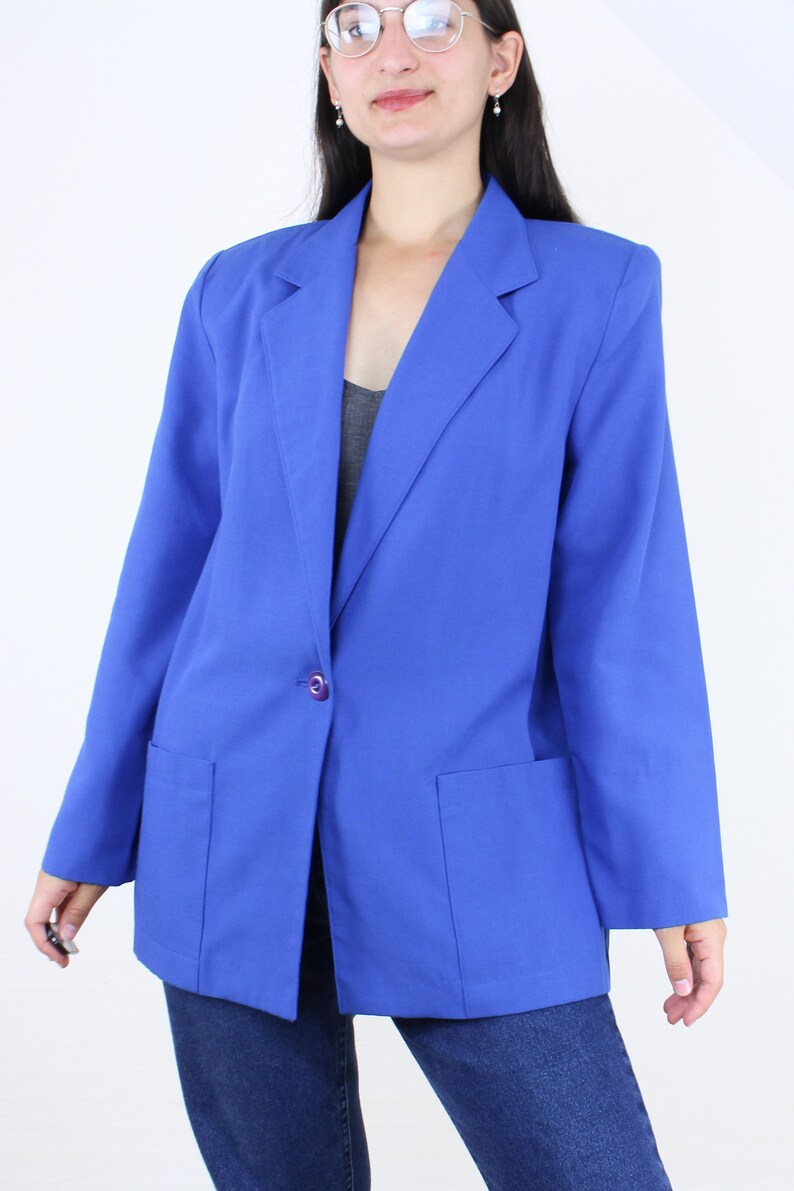 Vintage 90's blue blazer, muted royal blue, rayon poly blend, pockets, collared, single purple button closure, shoulder padding, lightweight image 4