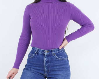 Vintage 90's bright purple ribbed turtleneck top, Moda International, long sleeve, colorful, color block, minimalist, grunge, dopamine dress