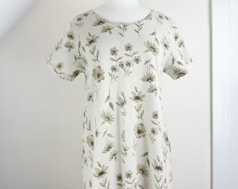 Vintage 90's neutral floral shift dress, Cotton Studio, short sleeve, beige w/ khaki & brown flowers, midi, minimalist, comfy casual, a-line