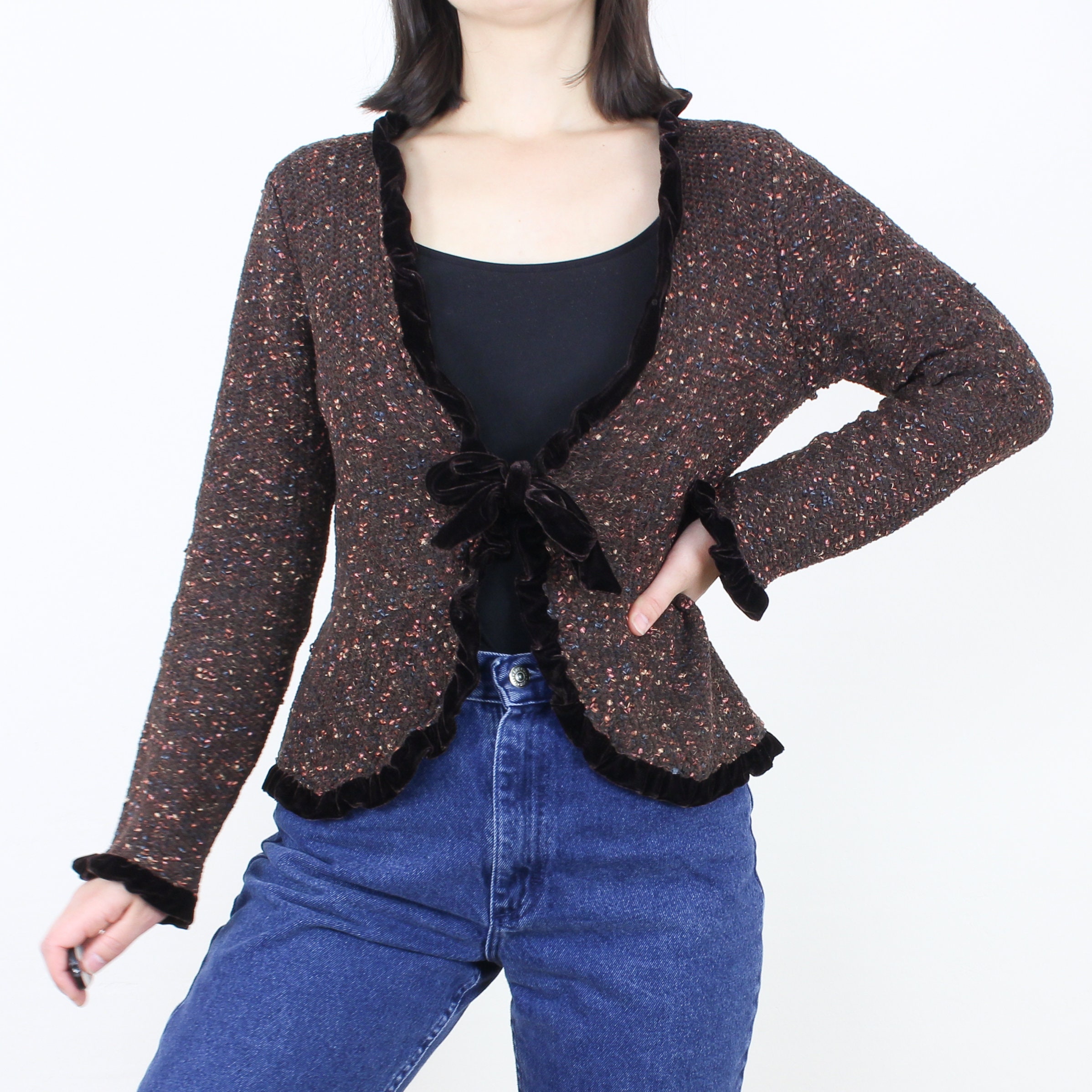 Vintage 90's/Y2K knit cardigan top, speckled brown knit w/ brown velvet ruffle trim, Curio, tie front, whimsigoth, 2000s, dark fairy core Vintage 90's/Y2K knit cardigan top, speckled brown knit w/ brown velvet ruffle trim, Curio, tie front, whimsigoth, 2000s, dark fairy core