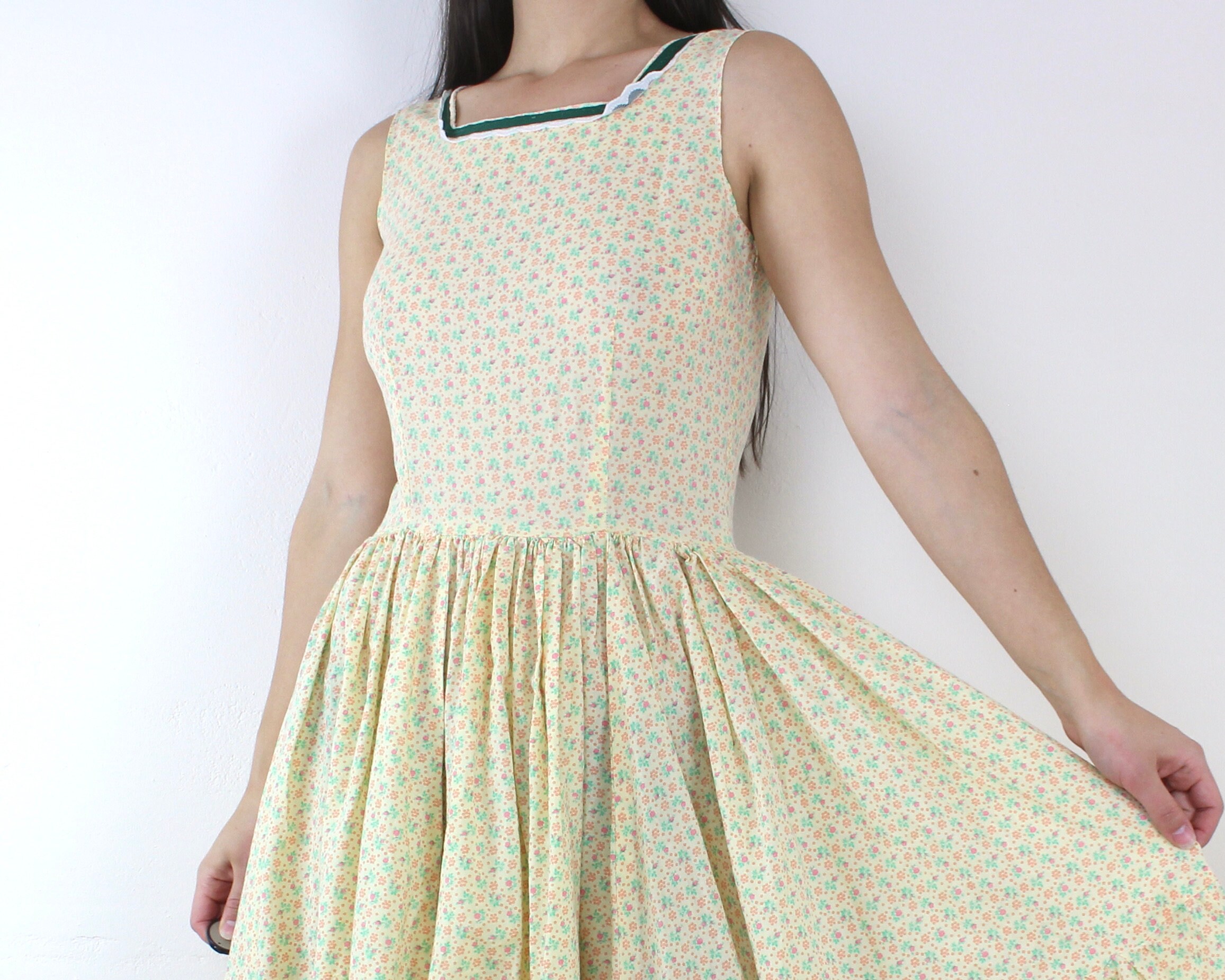 calico floral midi dress Vintage Handmade Calico Floral Midi Dress, Cottage Core, Prairie, Tank,  Sleeveless, Pinafore, Fit N Flare, Western, Gathered Waist, Cowgirl