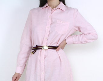 Vintage 80s pink collared shirt dress, long sleeve, midi, knee length, matching belt, breast pocket, Parade, all cotton