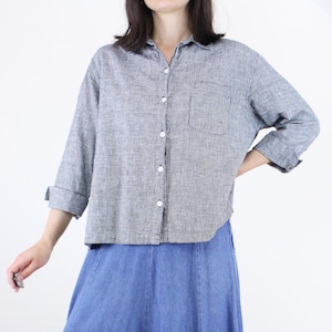 Vintage 90&#39;s boxy linen cotton top, black white micro houndstooth, mother of pearl button front, 3/4 sleeve, collared, lagenlook, minimalist