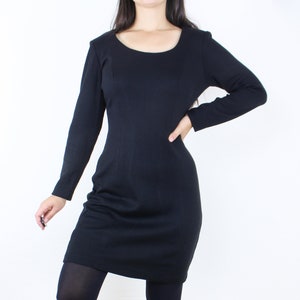 Vintage 90&#39;s Moda Int&#39;l long sleeve cocktail dress, black, mini, back slit, minimalist, scoop neck, grunge, gothic, office, winter